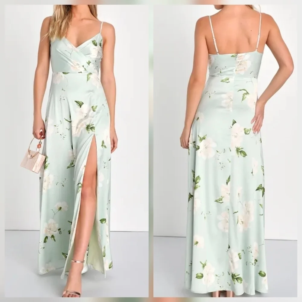 Lulus Radiant Occasion Light Green Mint Floral Satin A-Line Maxi Dress, Large